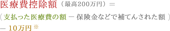 医療費控除額＝（支払った医療費の額ー保険金などで補てんされた額）ー10万円（最高200万円）